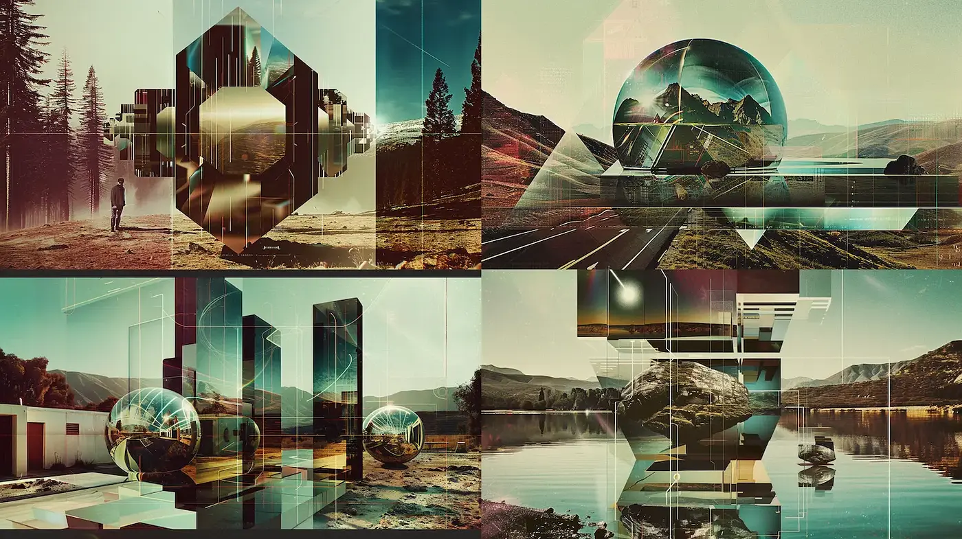Surreal Geometric Landscapes with Retro-Futuristic Aesthetics - Midjourney sref style