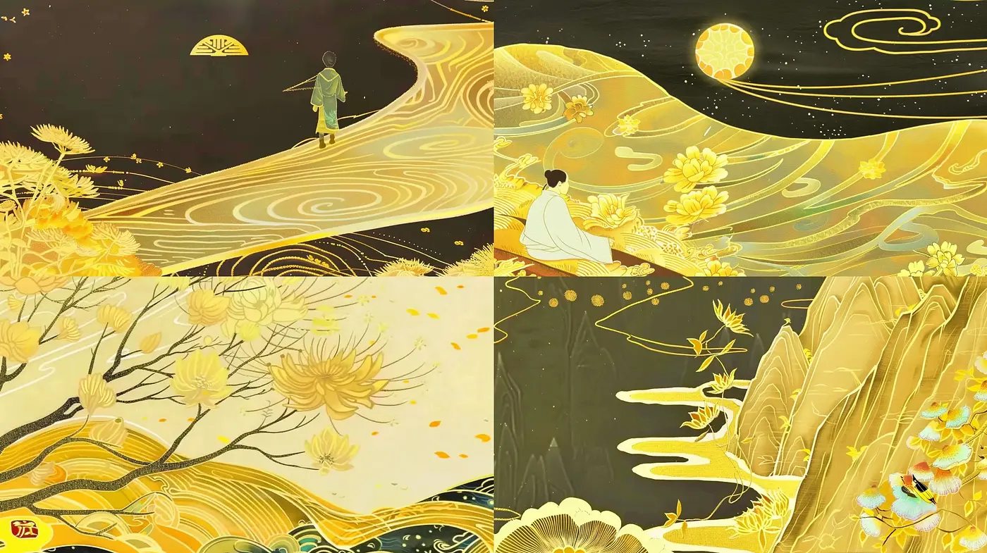 Golden Serenity: A Luminous Fusion of East Asian Artistry and Art Nouveau Flourishes - Midjourney sref style