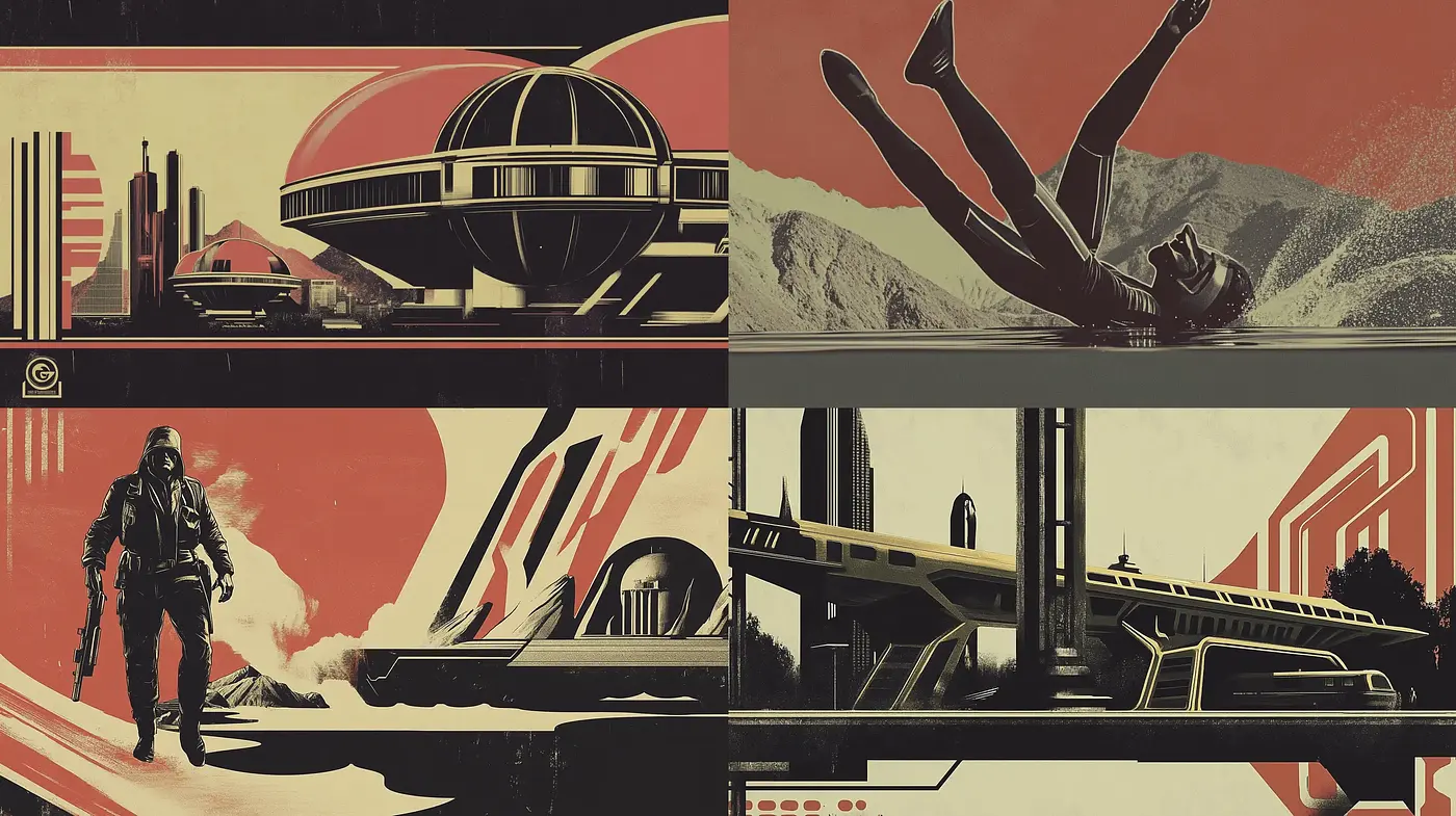 Retrofuturistic Voyage Through a Red and Black Palette - Midjourney sref style