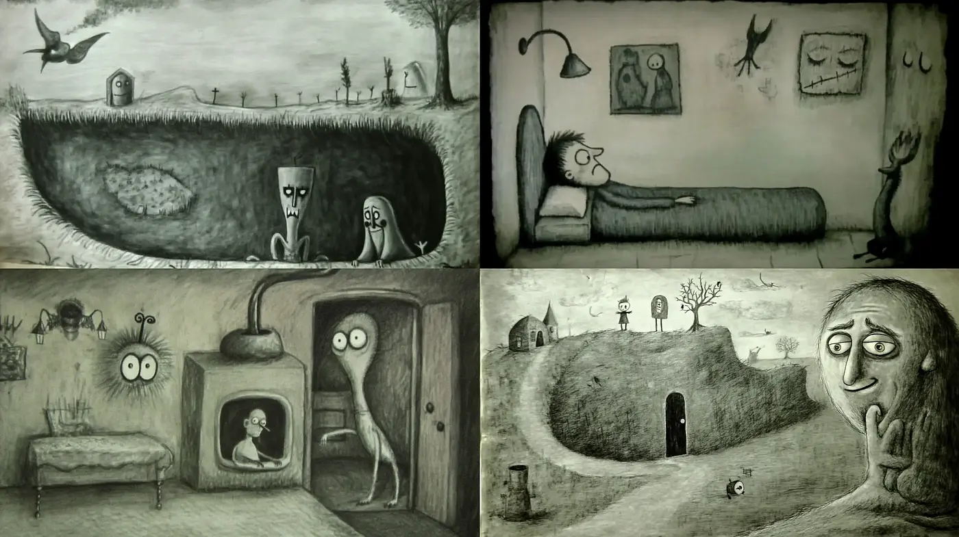 Whimsical Monochrome Dreamscape - Midjourney sref style