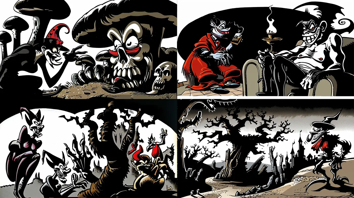 Surreal High-Contrast Monochromatic Comic Extravaganza - Midjourney sref style
