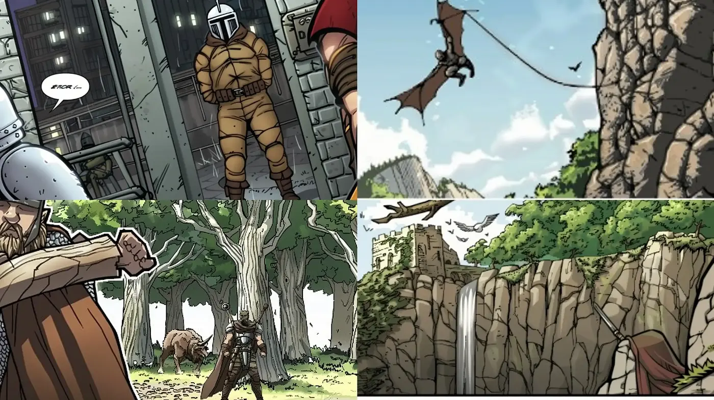 Dynamic Illustrated Adventure Across Vivid Landscapes and Intriguing Encounters - Midjourney sref style