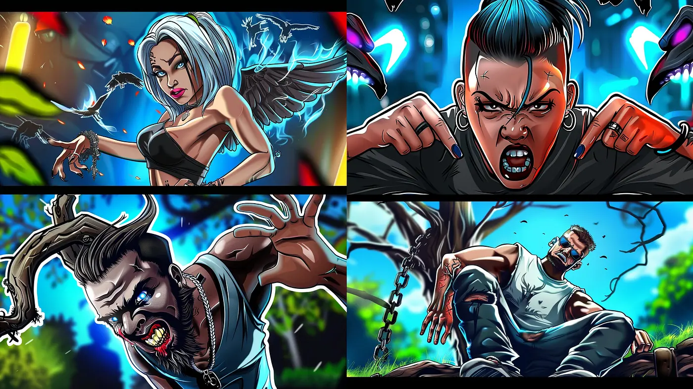 Dynamic Graphic Novel Artistry: An Electrifying Fusion of Vivid Hues and High-Contrast Shadows - Midjourney sref style