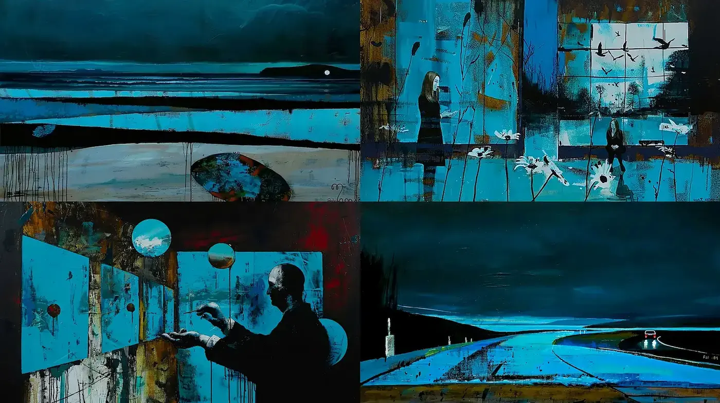 Cohesive Blue Abstract Landscapes with Surreal Elements - Midjourney sref style