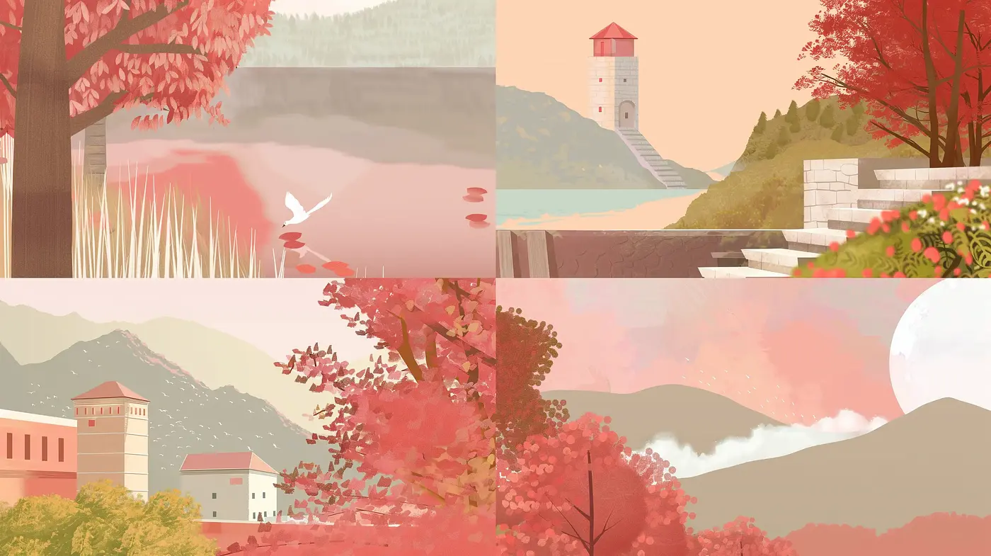 Serene Autumnal Hues Imbued in Stylized Pastoral Landscapes - Midjourney sref style