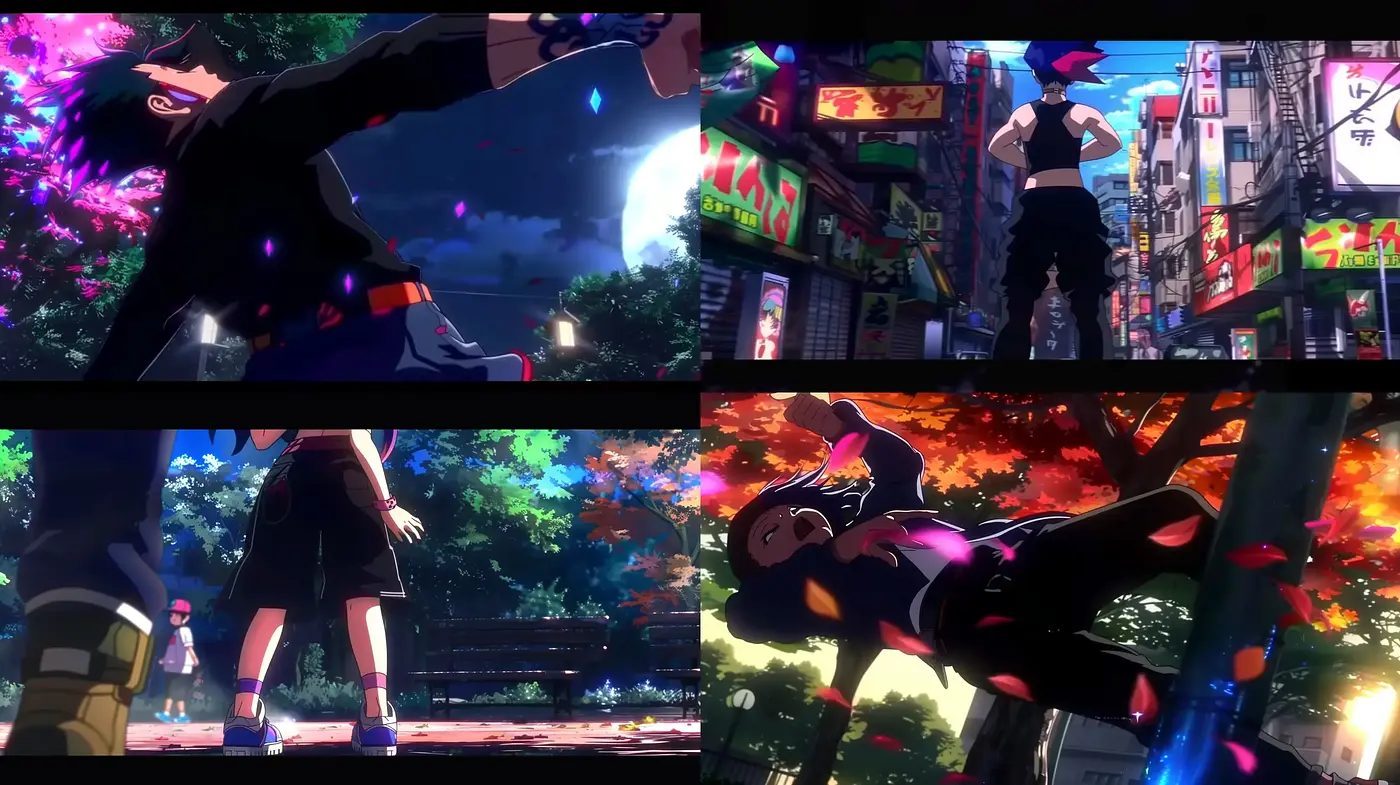 Neon-infused dynamic anime portrayal - Midjourney sref style