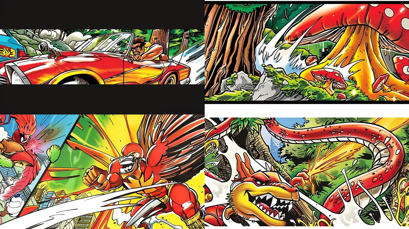 Vibrant Comic Book Capers: An Explosion of Dynamic Lines and Colors - Midjourney sref style