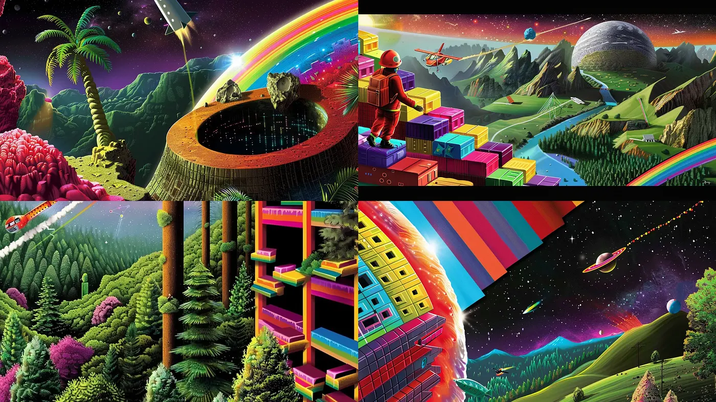 Synthesized Dreamscape Fusion: An Ode to Retrofuturism and Surrealist Vistas - Midjourney sref style