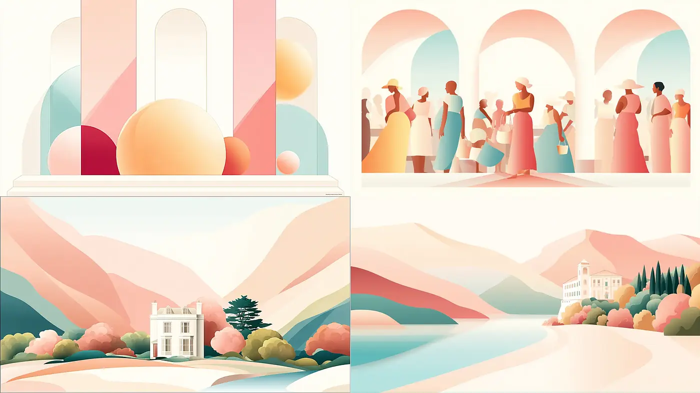 Soft, pastel-hued illustrations with a modernist twist - Midjourney sref style