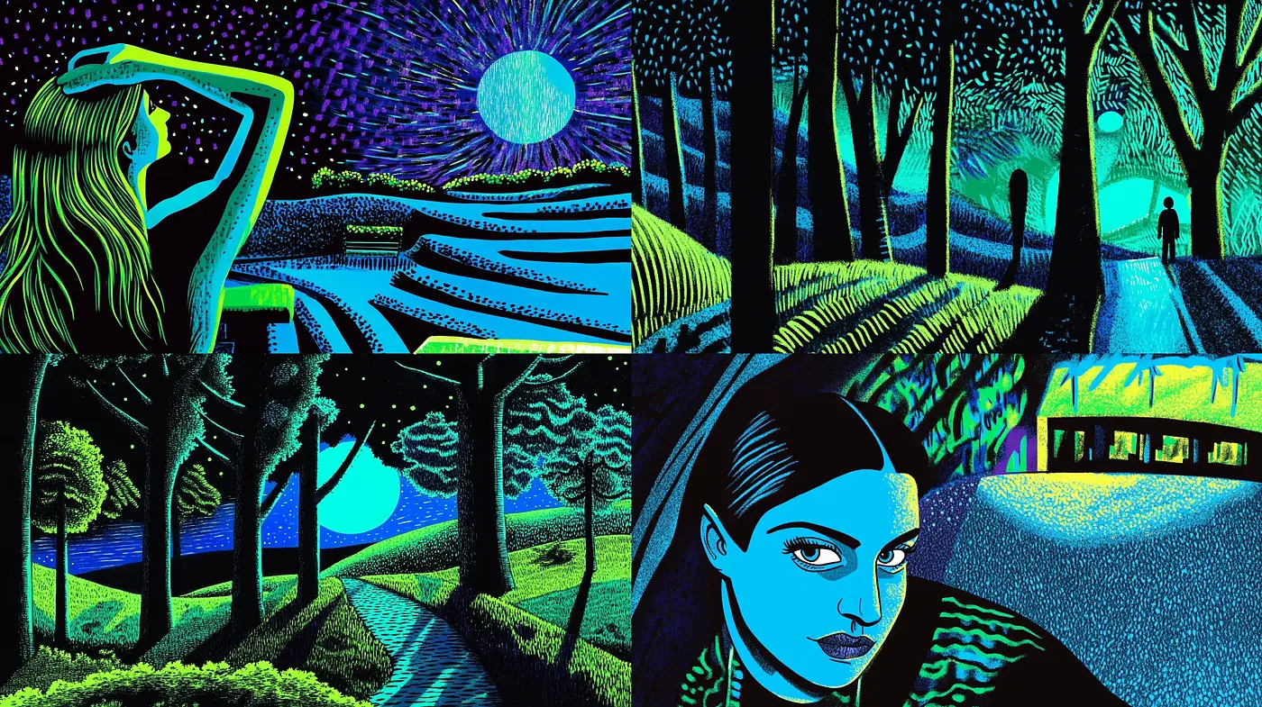 Luminous Nocturne: A Vibrant Tribute to Nature and Dreamscape - Midjourney sref style