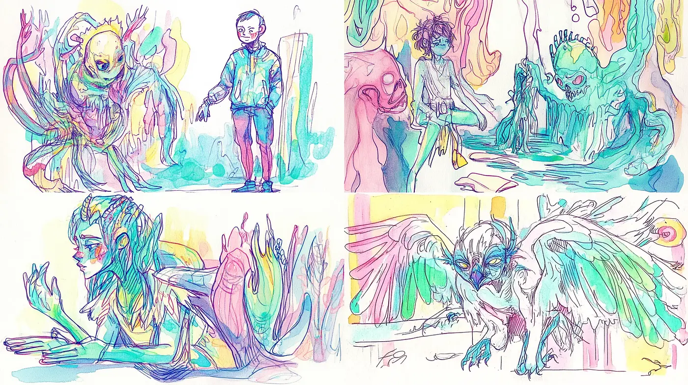 Ethereal Dreamscape Fusion with Vibrant Sketch-Like Quality - Midjourney sref style