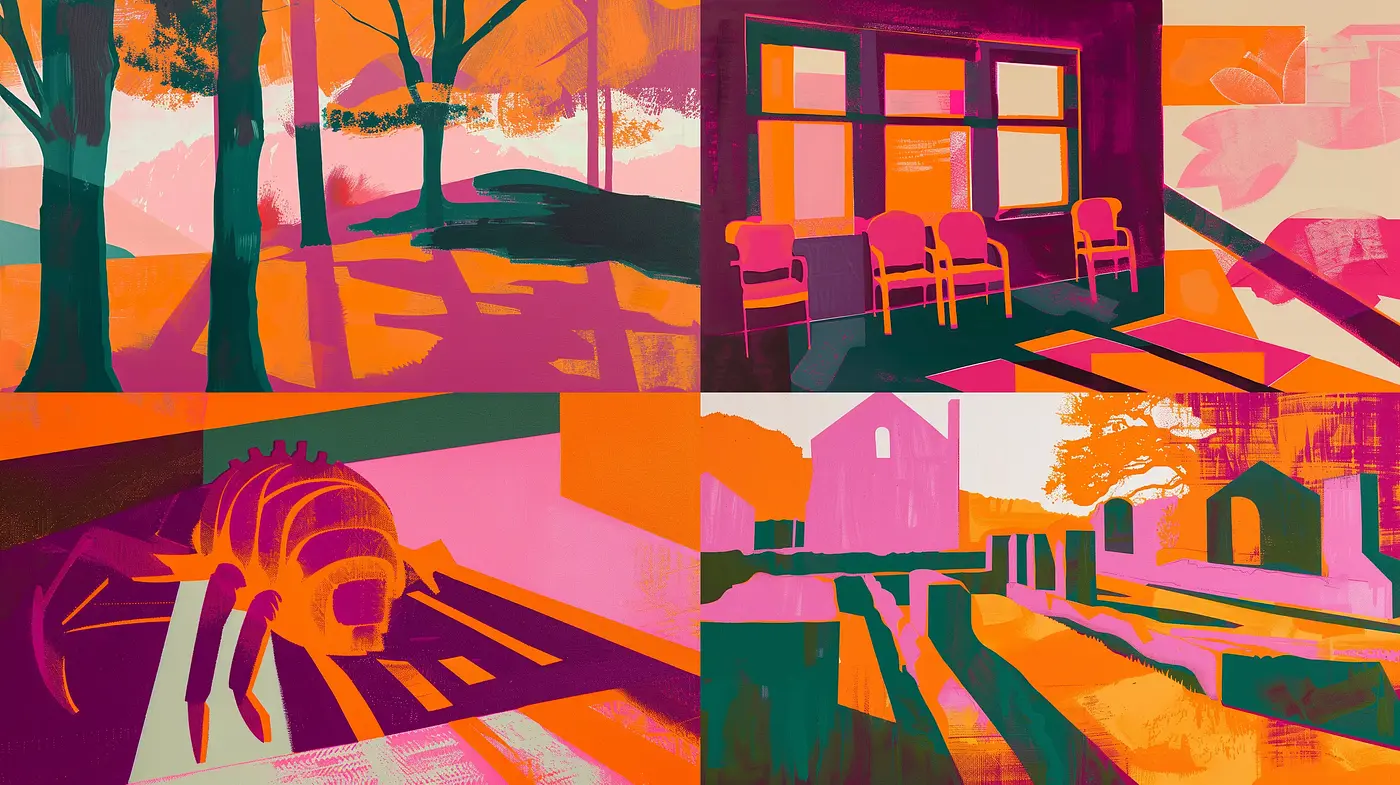Vivid Hues and Geometric Abstraction in Stylized Landscapes and Interiors - Midjourney sref style
