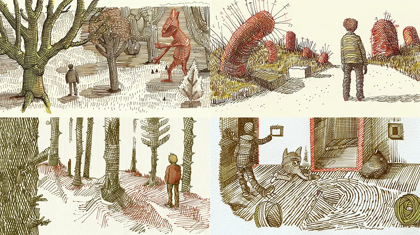 Whimsical Crosshatched Dreamscape Illustration Style - Midjourney sref style
