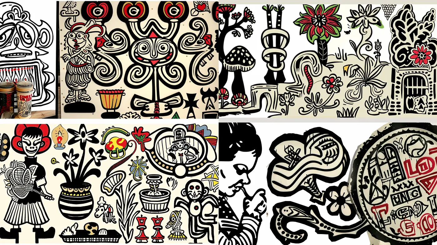 Folkloric Tapestry in Monochrome: A Fusion of Tribal and Modern Line Art - Midjourney sref style