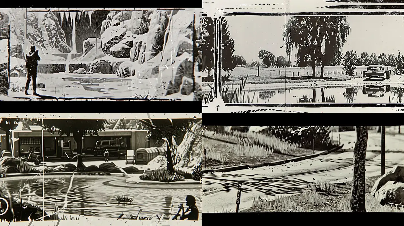 Monochrome Scene Exploration with a Vintage Aesthetic - Midjourney sref style