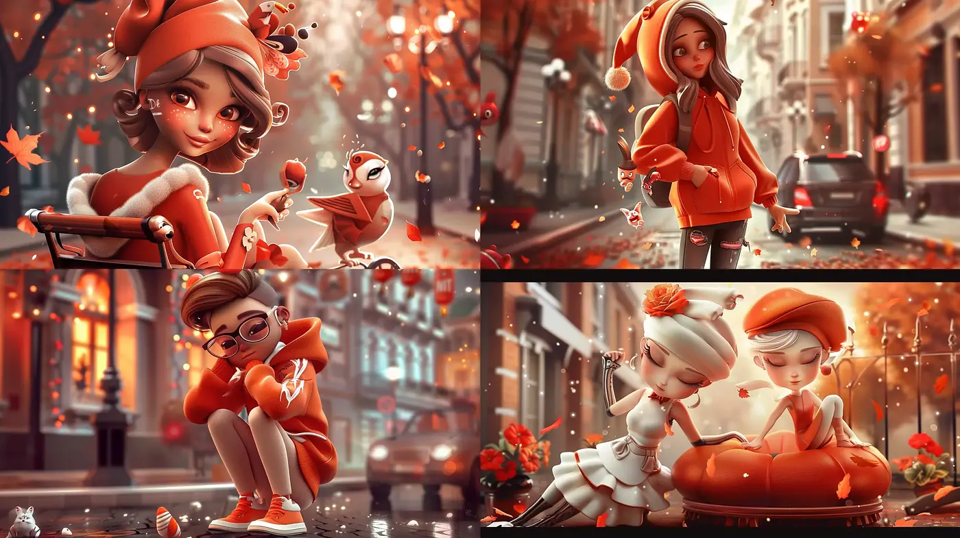 Warm Autumn Hues and Stylized Characters in a Whimsical Urban Setting - Midjourney sref style