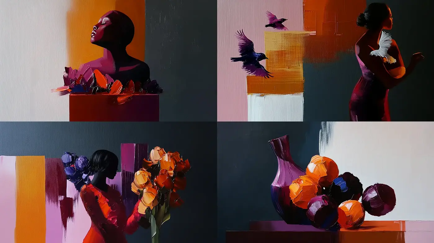 Contemporary Expressionist Brush Strokes and Vibrant Geometric Contrasts - Midjourney sref style