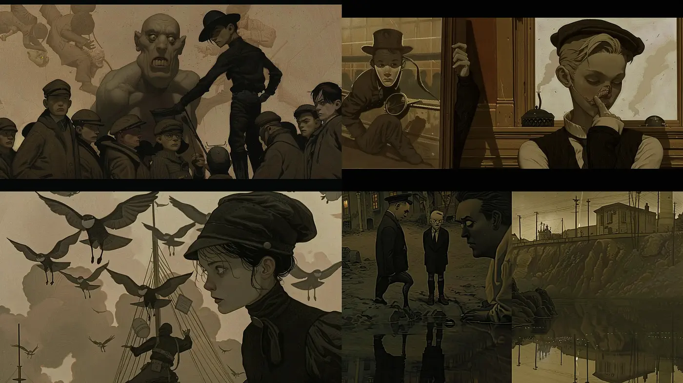 Sepia-toned Nostalgia with Expressive Character Illustrations - Midjourney sref style