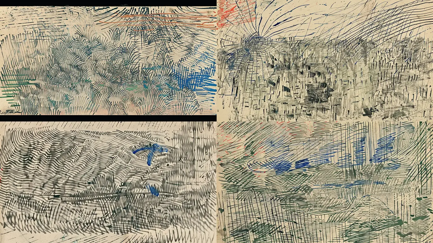 Abstract Hatched Brushwork Quartet with Dynamic Chromatic Bursts - Midjourney sref style