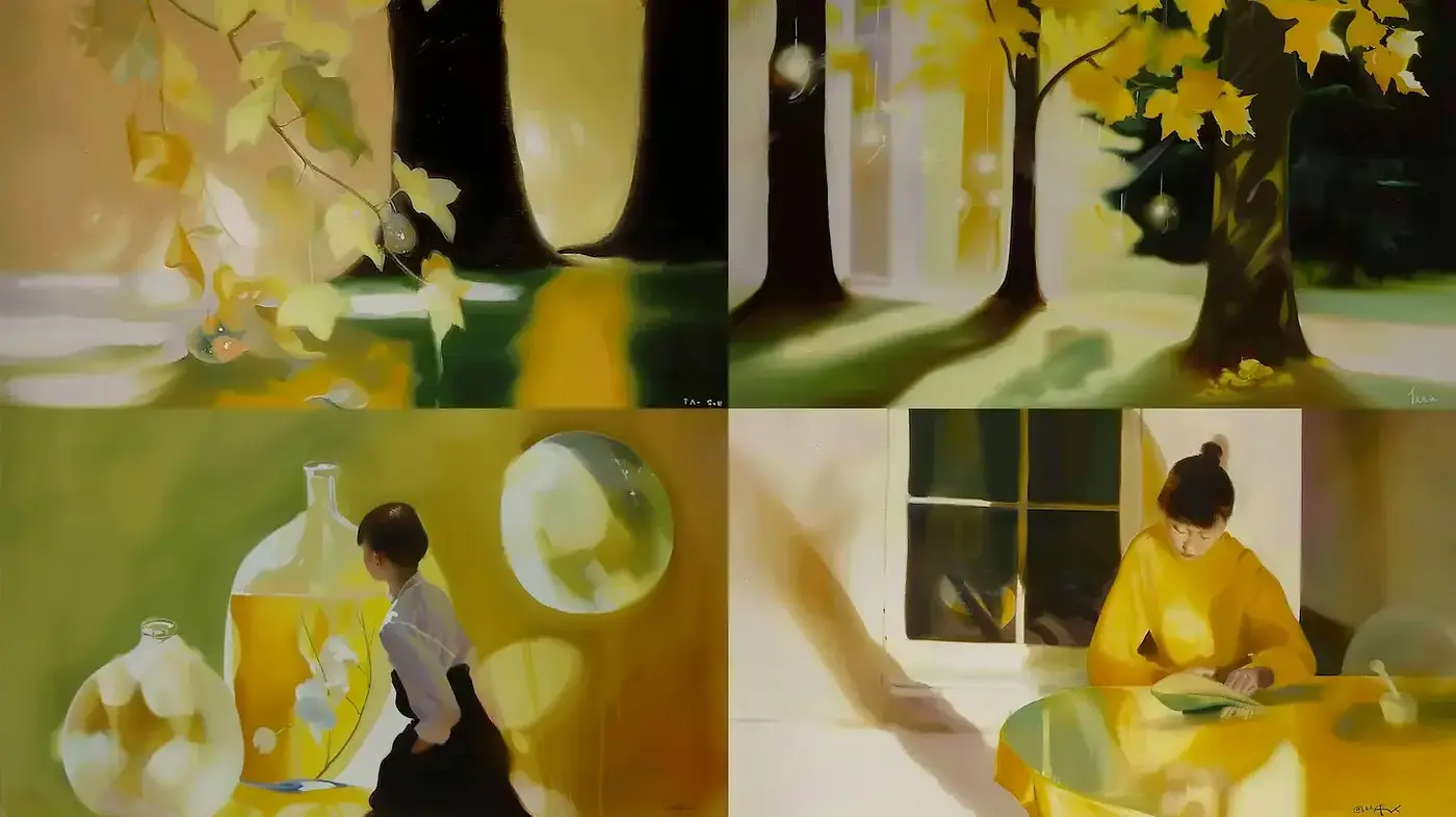 Soft, Dreamy Vibes in a Harmonious Yellow Palette - Midjourney sref style