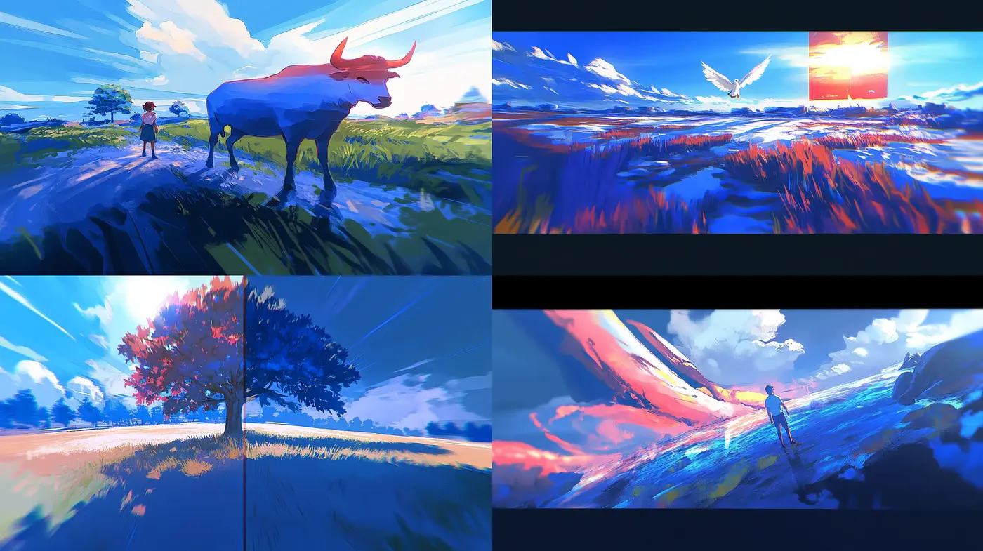 Dynamic Expressionist Digital Landscapes with a Luminous Color Scheme - Midjourney sref style