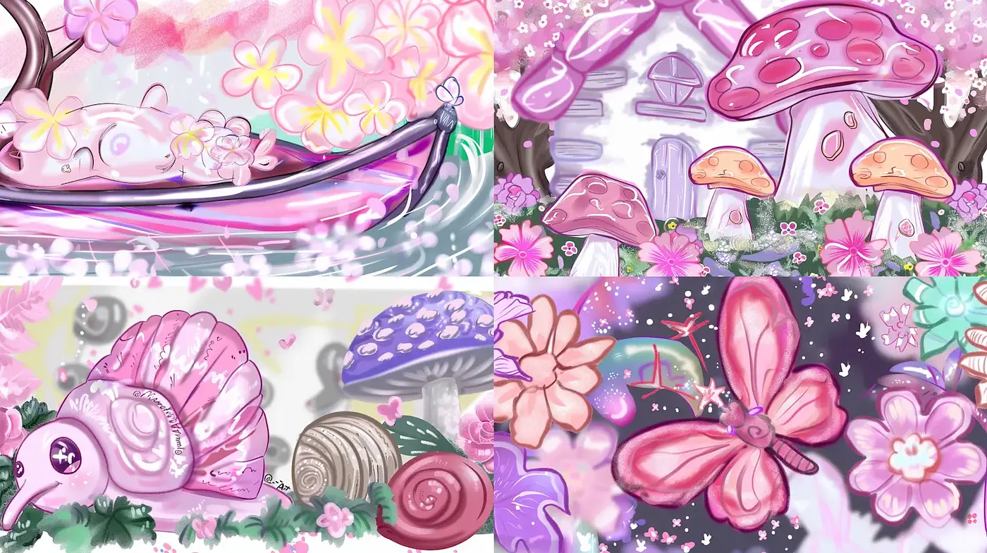 Dreamy pastel landscapes with whimsical elements - Midjourney sref style