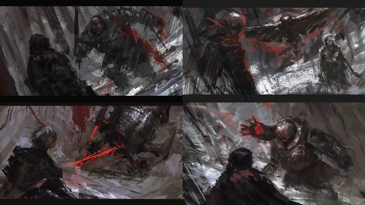 Dynamic Brushwork and Textured Red-on-Black Action Vignettes - Midjourney sref style