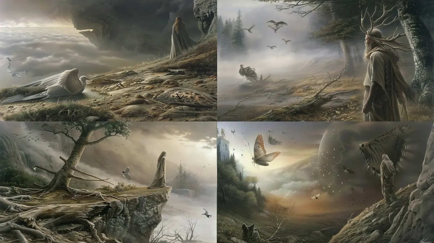 Ethereal Wilderness Dreamscape: A Fusion of Earthy Tones and Whimsical Imagery - Midjourney sref style