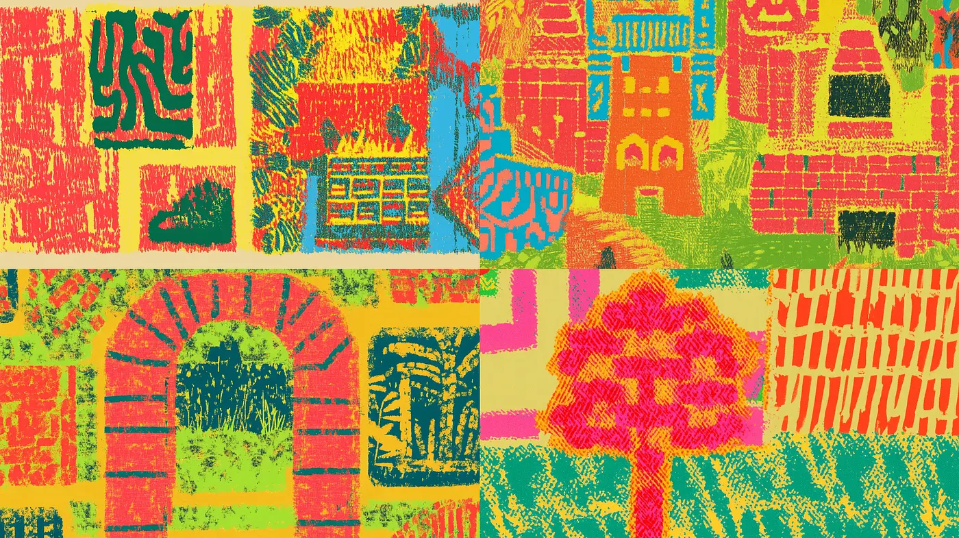 Vibrant Expressionist Mosaic: A Fusion of Bold Textures and Elemental Forms - Midjourney sref style