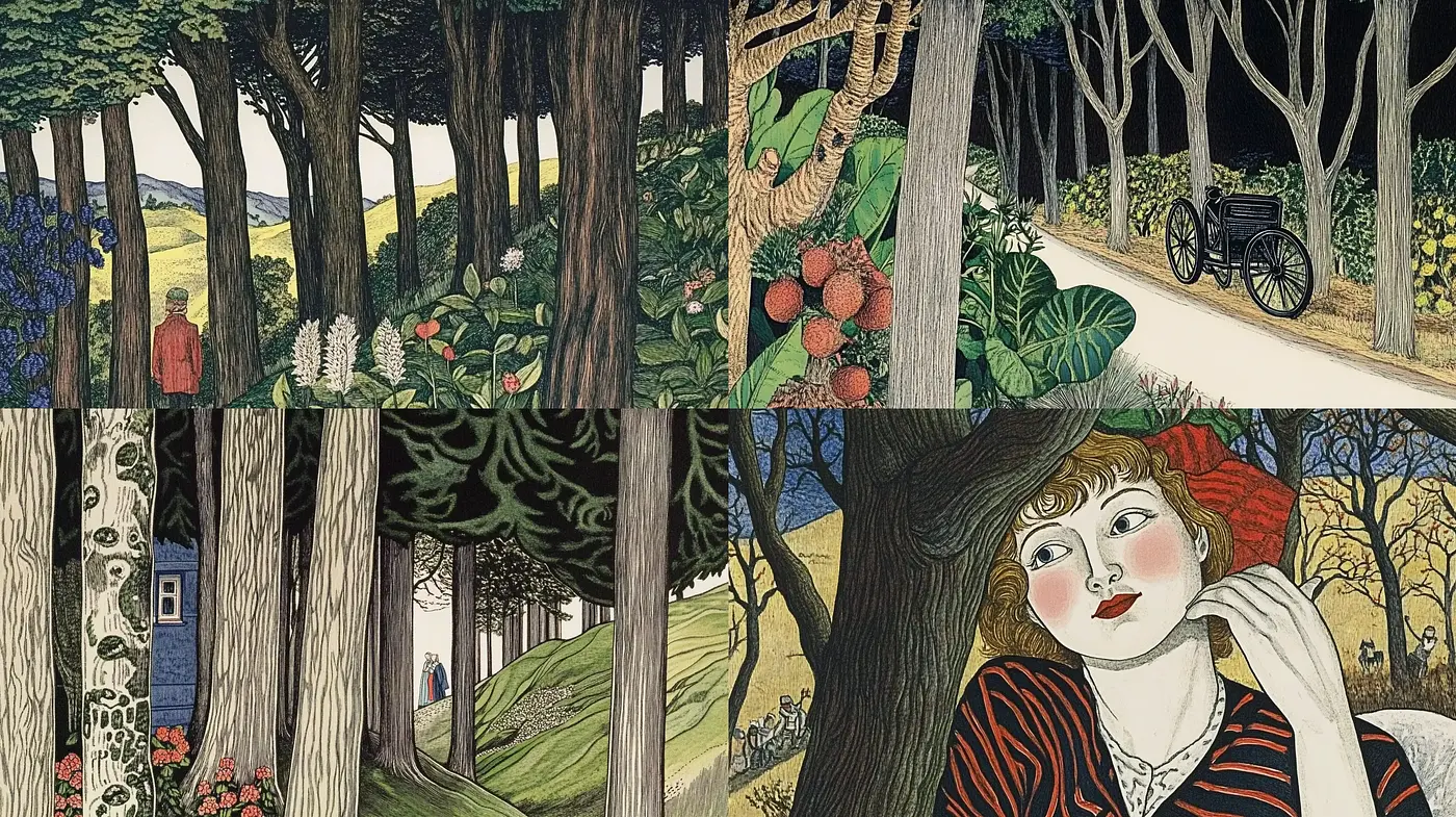 Whimsical Woodland Reverie with Art Nouveau Elegance - Midjourney sref style