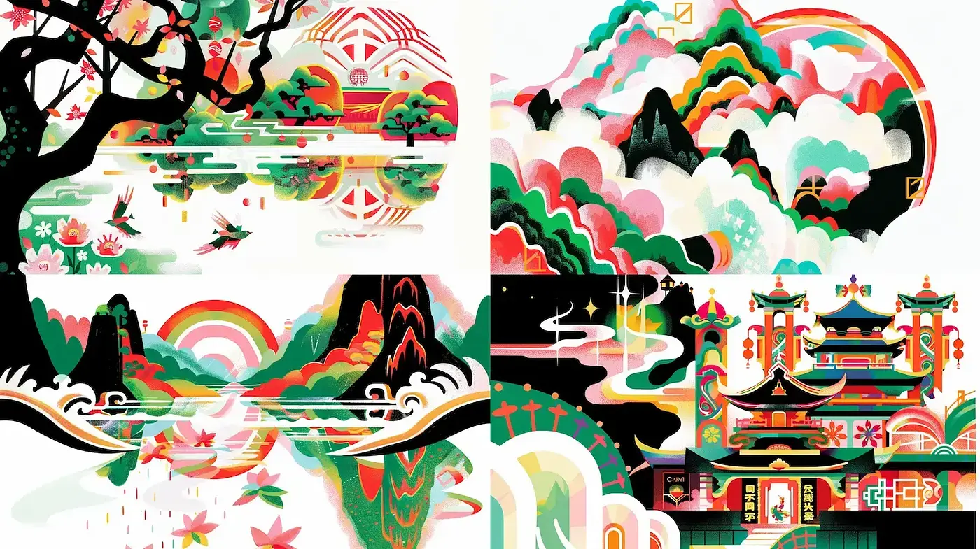 Vibrant and Playful Asian-Inspired Illustrations with Whimsical Elements - Midjourney sref style