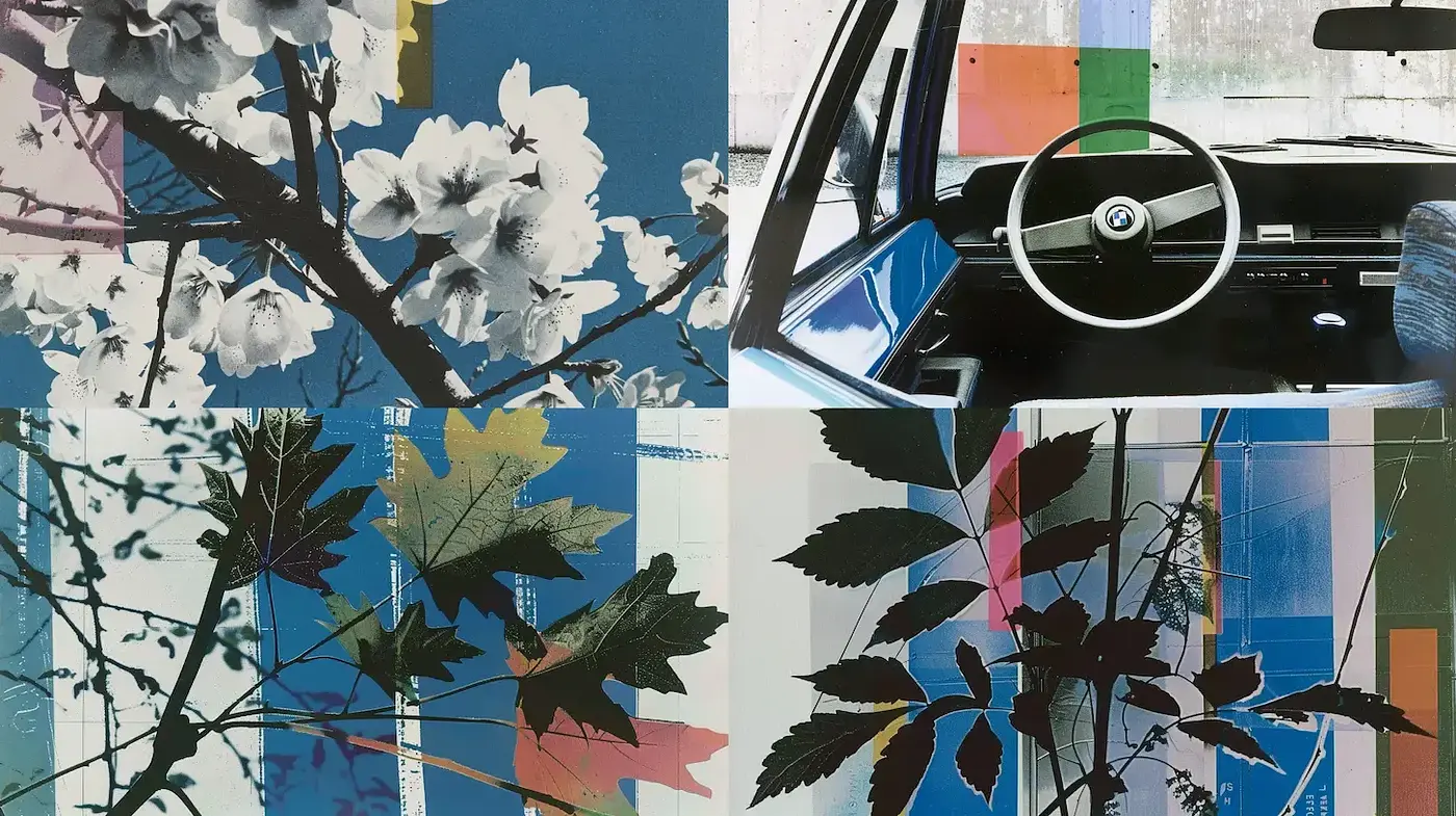 Collage of Nature and Modernity in Blue-Green Hues - Midjourney sref style