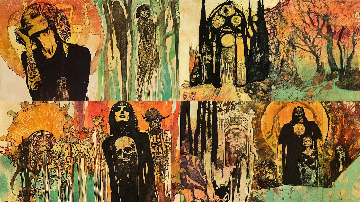 Ethereal Gothic Dreamscape in Autumnal Palette - Midjourney sref style