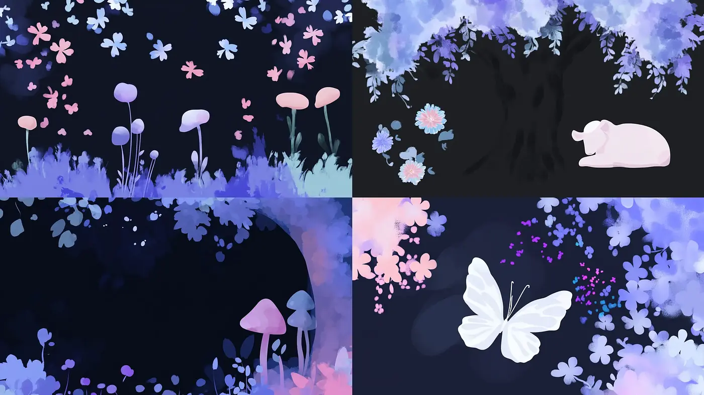 Enchanted Nocturnal Garden: A Dreamlike Floral Symphony in Purples and Blues - Midjourney sref style