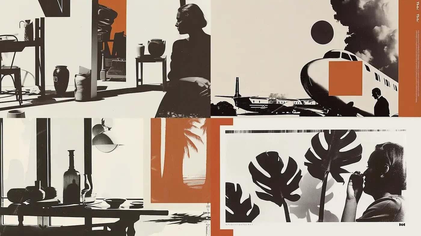 Stylized Nostalgic Composition with Bold Monochromatic Elements - Midjourney sref style