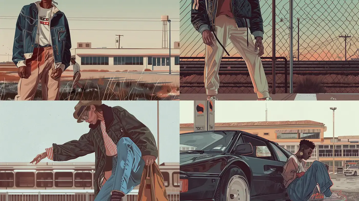 Stylized depictions of urban life with a retro aesthetic - Midjourney sref style