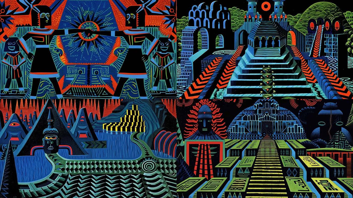 Vibrant Labyrinth of Neon Geometry: A Fusion of Tribal and Futuristic Artistry - Midjourney sref style