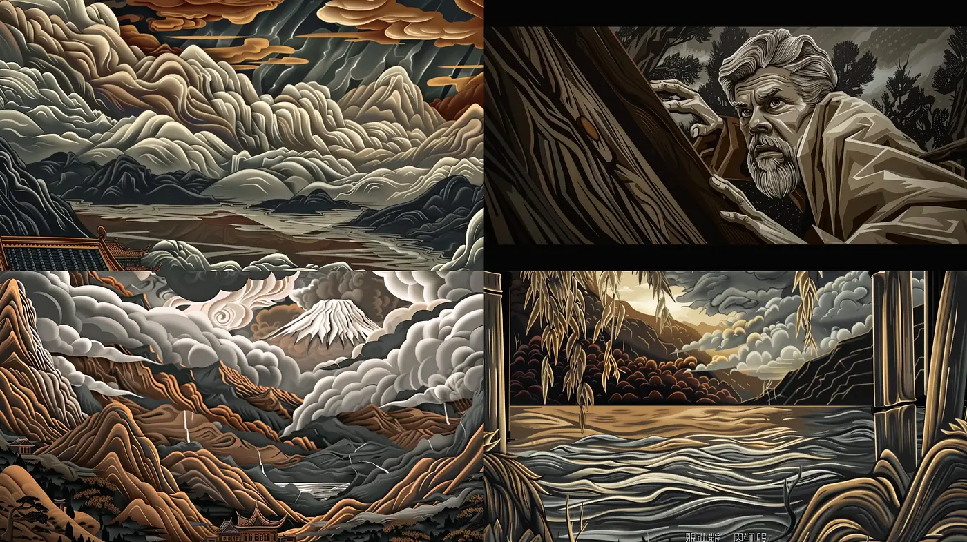 Ornate Woodcut Aesthetic with Dramatic Nature Scenes - Midjourney sref style