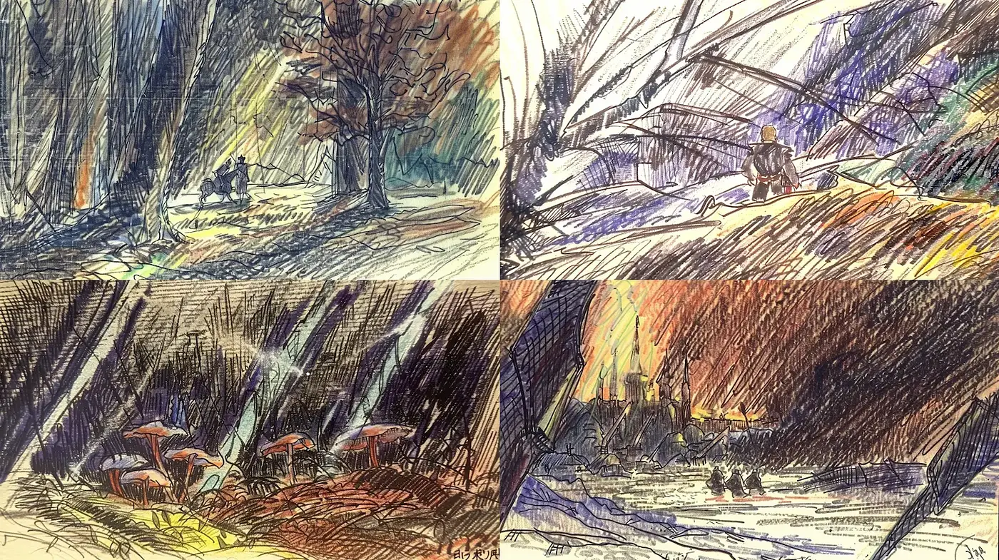 Melancholic landscapes with vibrant contrasts and expressive lines - Midjourney sref style