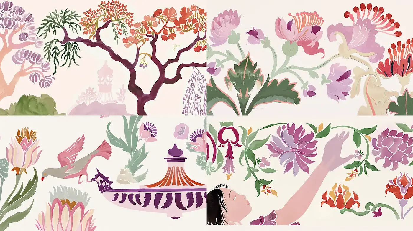 Whimsical Floral Illustrations with a Touch of Art Nouveau - Midjourney sref style