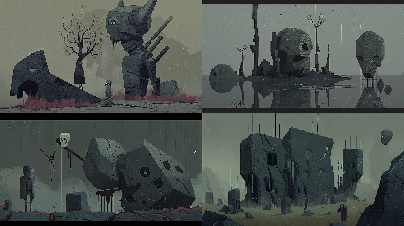 Somber Dystopian Vistas: A Sombre Blend of Futurism and Desolation - Midjourney sref style