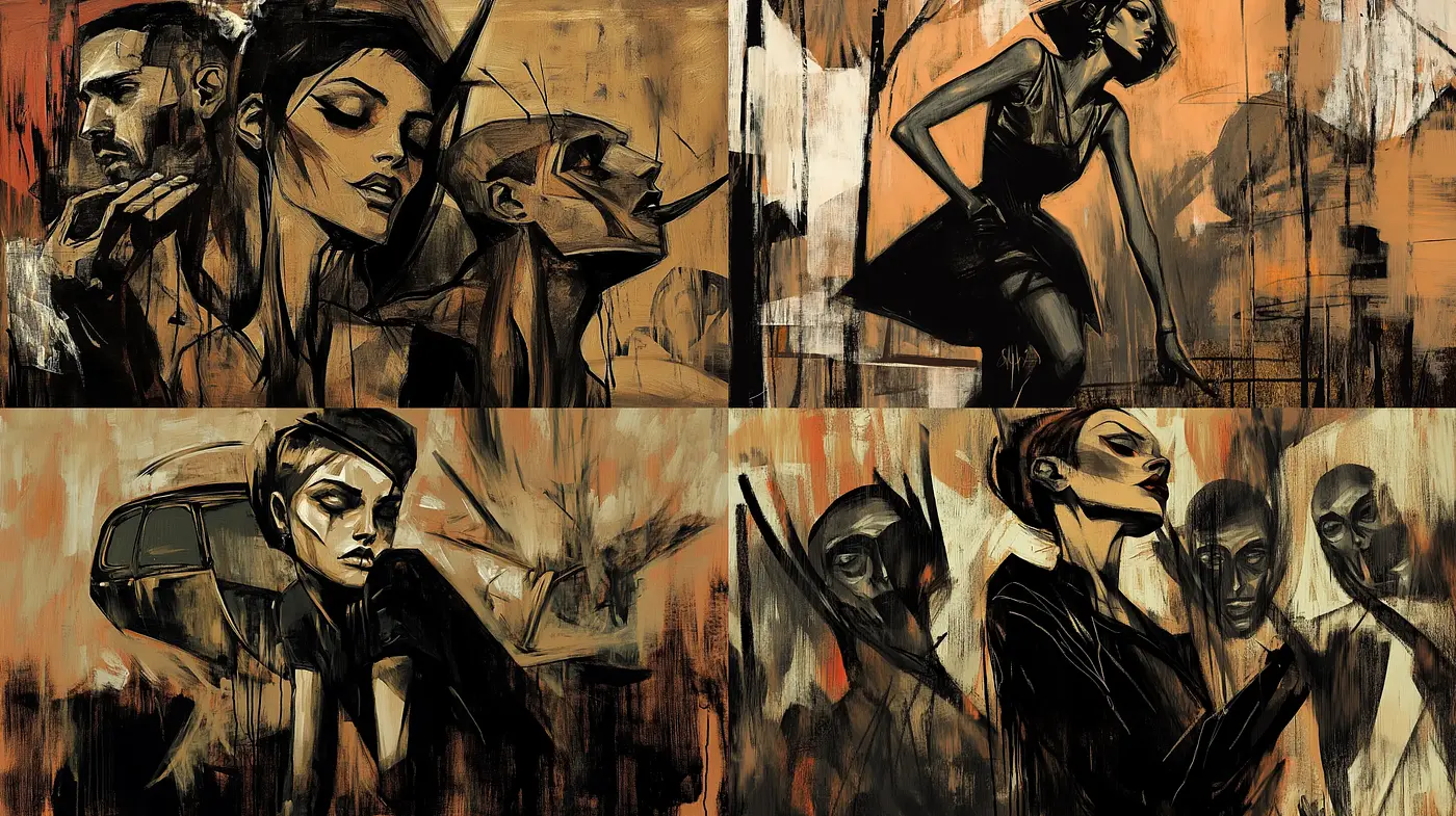 Distorted Elegance in Sepia: A Fusion of Figurative Expressionism and Graphic Novel Artistry - Midjourney sref style