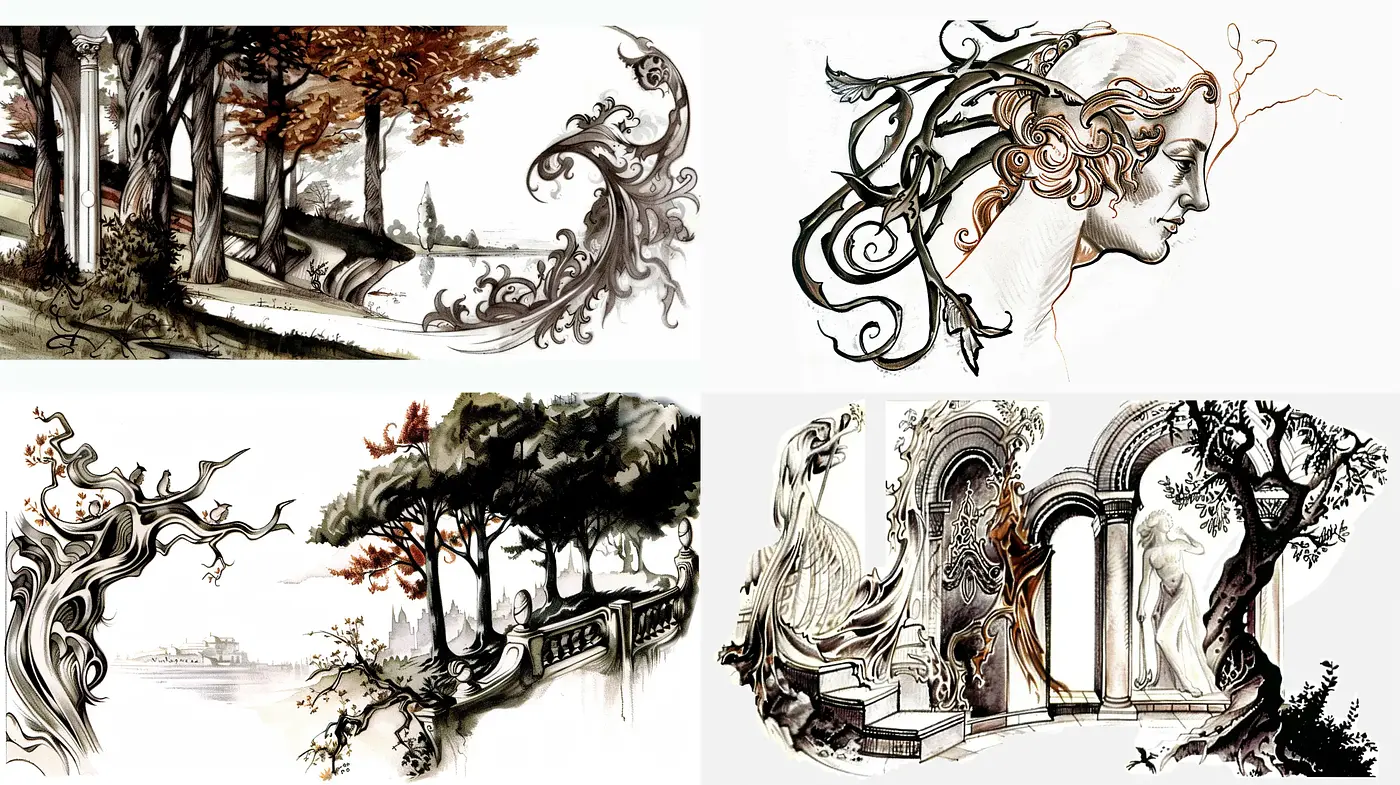 Ethereal Ink Wash Fusion with Art Nouveau Sensibilities - Midjourney sref style