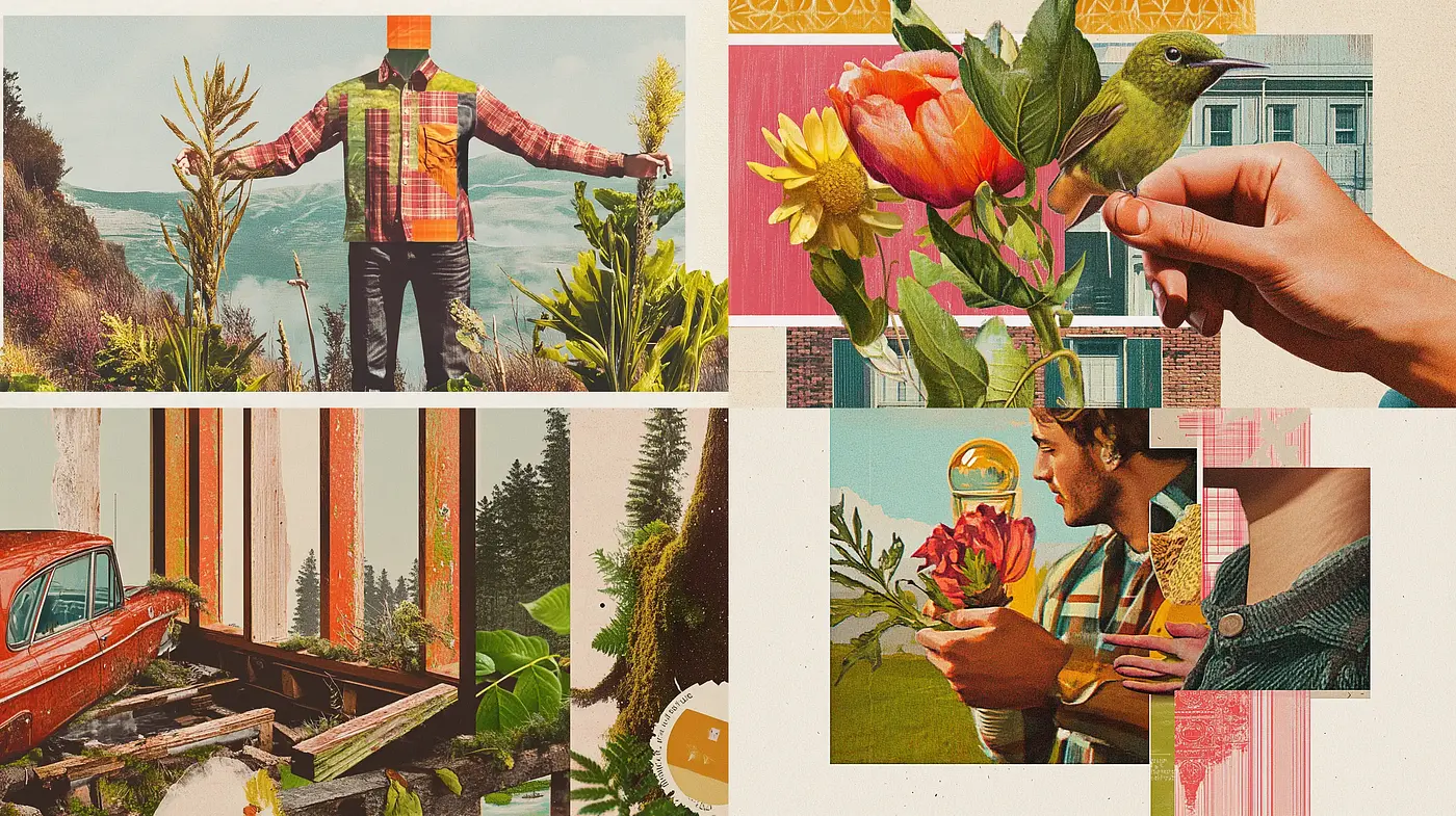 Retro Collage Dreamscape: A Nostalgic Fusion of Natural and Surreal Elements - Midjourney sref style