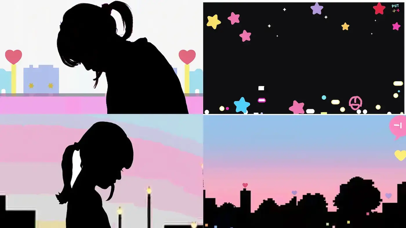 Whimsical silhouettes with pastel elements and playful motifs - Midjourney sref style
