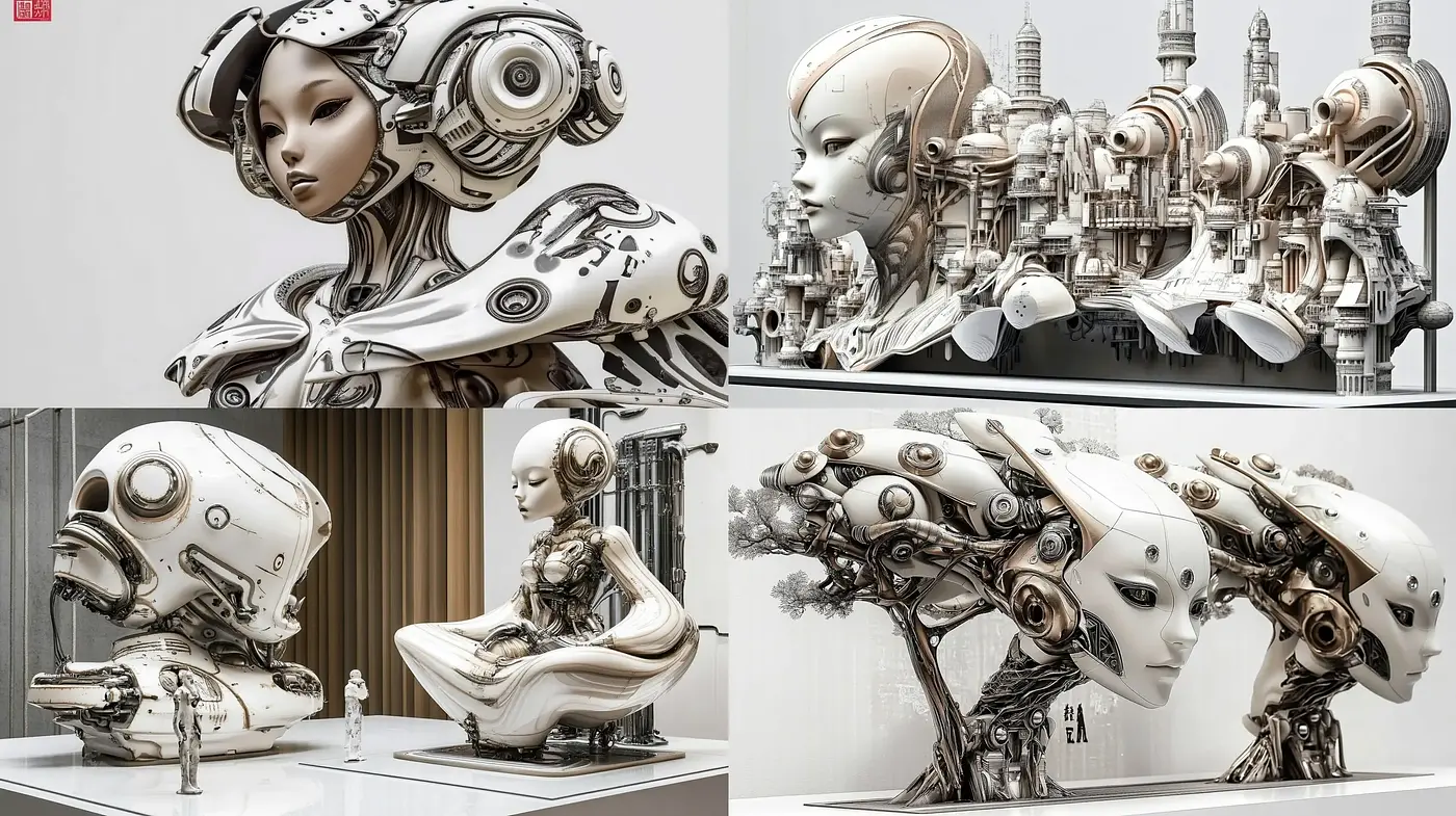 Futuristic Elegance in Monochrome: A Study of Mechanical Symbiosis and Neo-Baroque Design - Midjourney sref style
