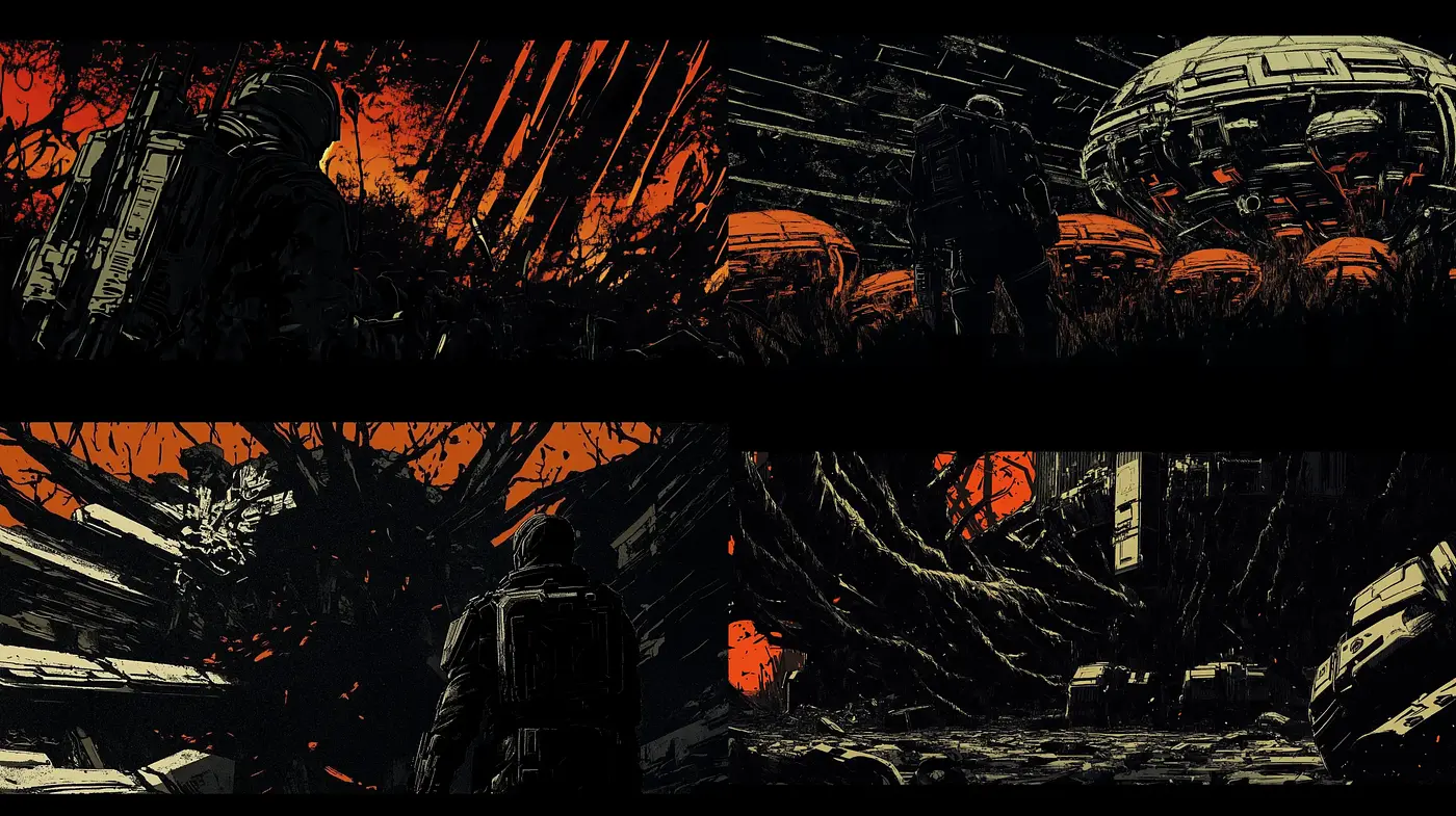 Dystopian Sci-Fi Visions with Expressive Brushwork and Gritty Textures - Midjourney sref style