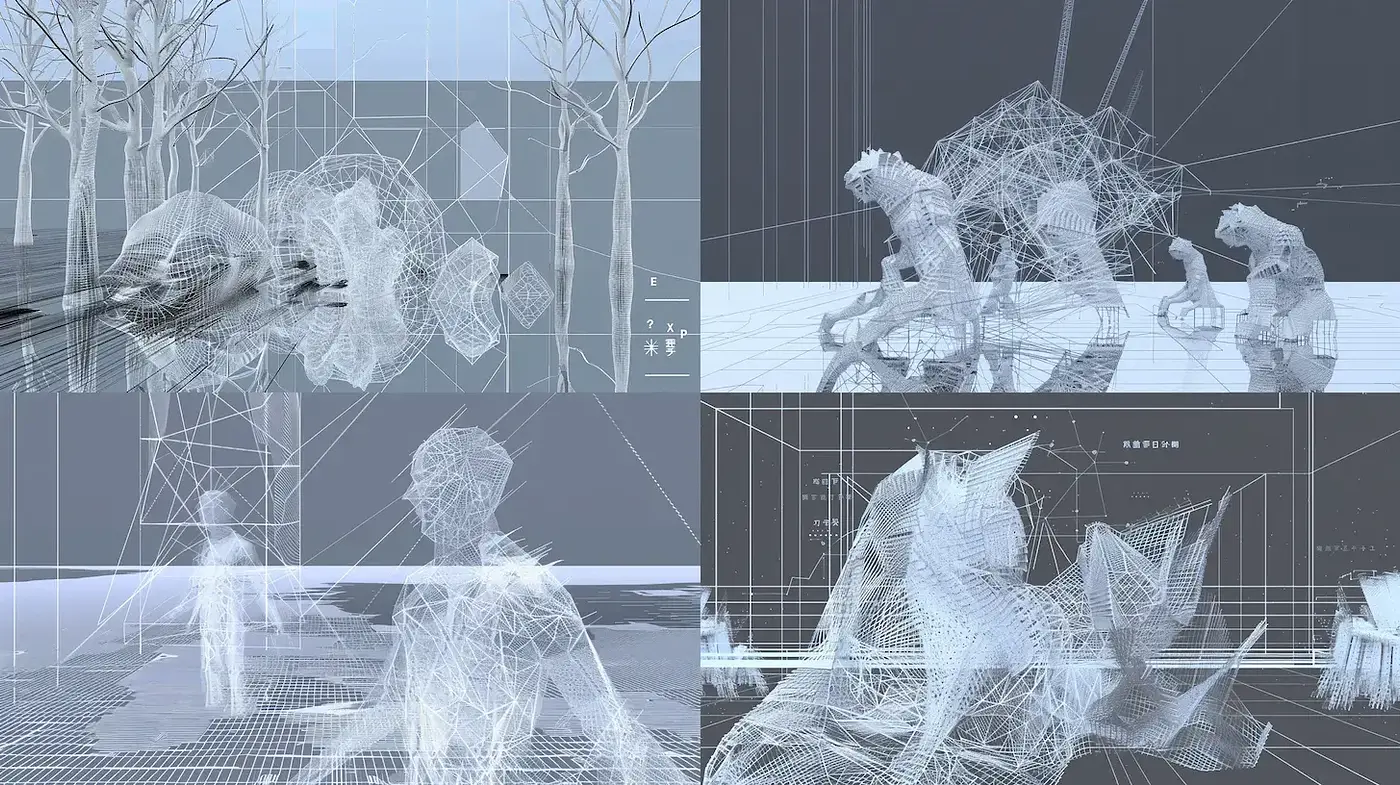 Futuristic Wireframe Aesthetic with Surreal Elements - Midjourney sref style