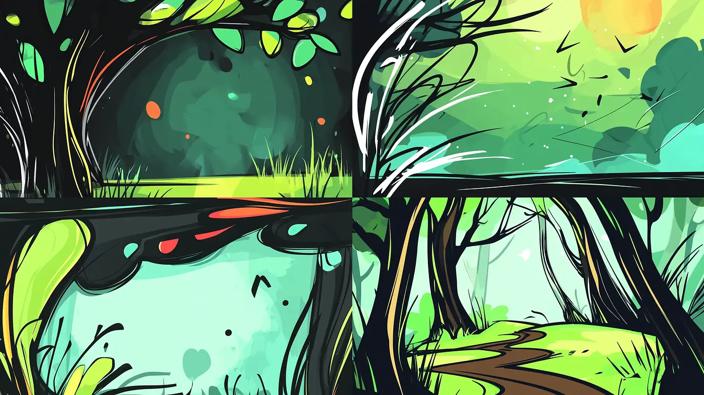 Energetic Arboreal Whimsy: Dynamic Illustrative Expression - Midjourney sref style