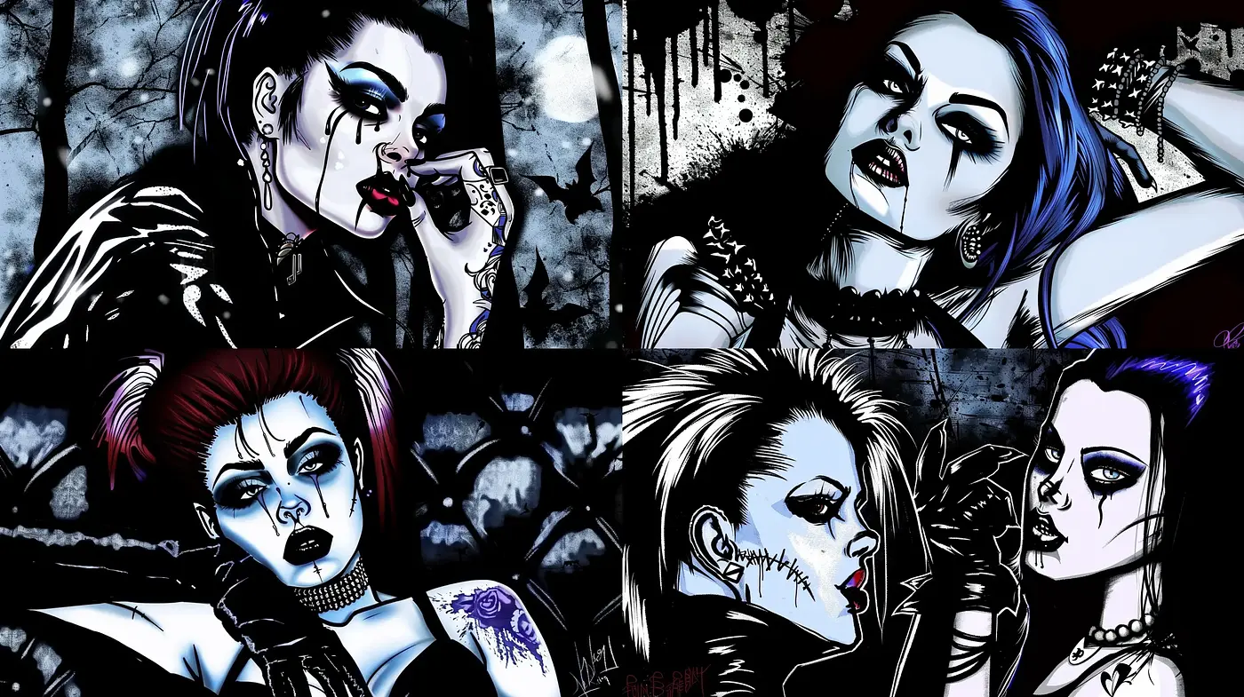Gothic Noir Portraiture in Monochrome Blue Hues - Midjourney sref style